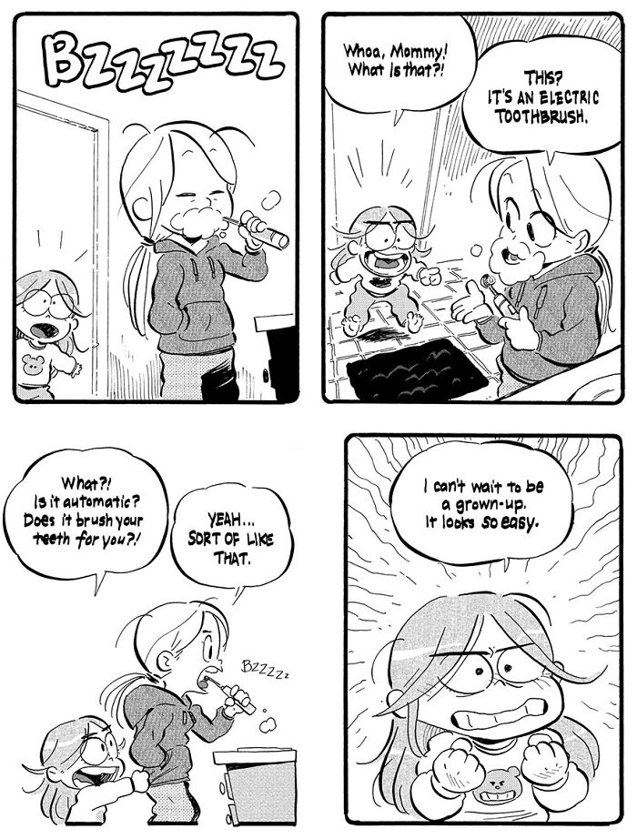 Funny parenting comic by Anthony Holden featuring a child intrigued by an electric toothbrush.