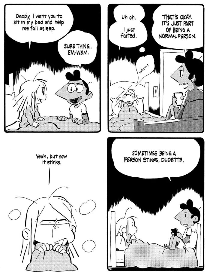 Parenting comic by Anthony Holden: child farting in bed, humorously discussing it with dad.