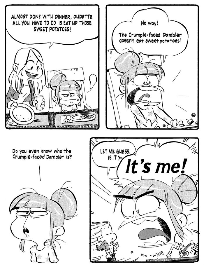 Comic by Anthony Holden depicting humorous parenting moment with a child refusing to eat sweet potatoes.