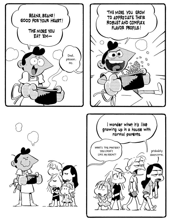 Parenting comic by Anthony Holden showing a dad enthusiastically praising beans and kids reacting humorously.