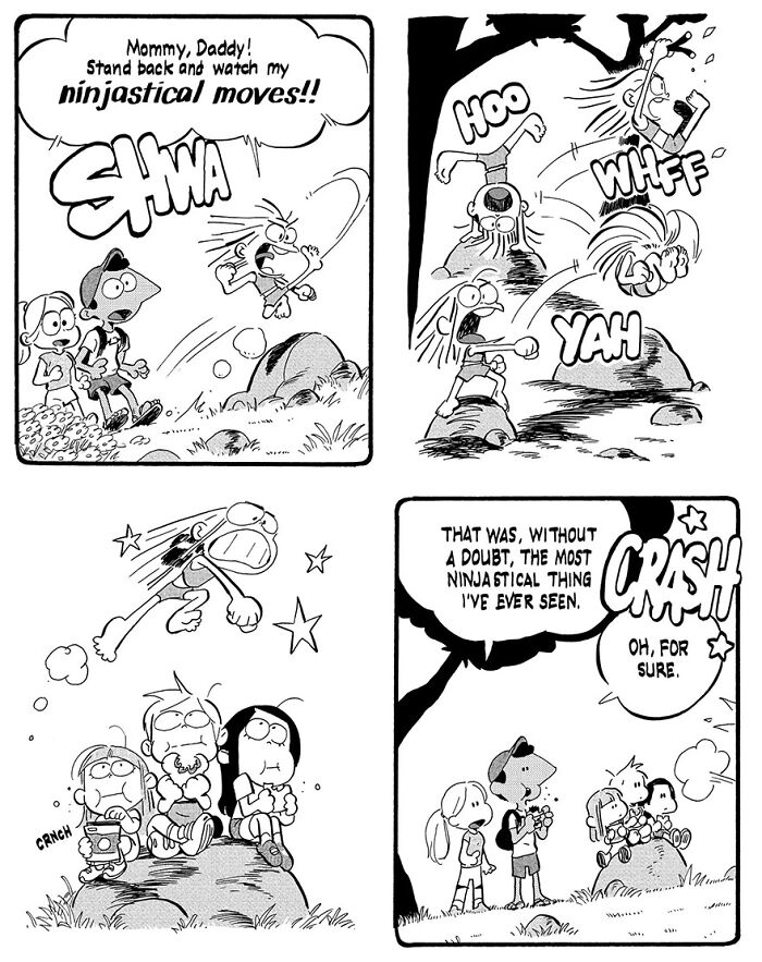 Kids showing off playful ninja moves with funny results, capturing the wild and whimsical life of parenting in a comic strip.