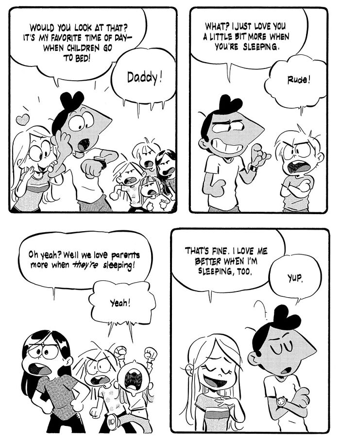Funny parenting comics by Anthony Holden, featuring bedtime humor and playful interactions between parents and children.