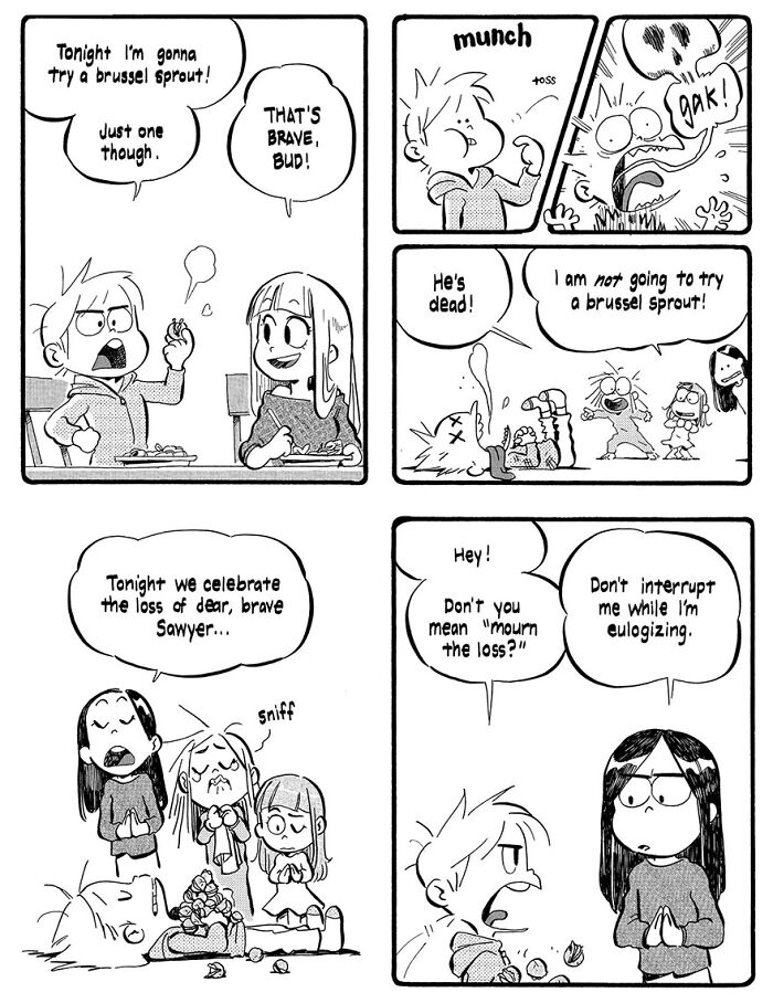 Funny comic by Anthony Holden depicting kids humorously reacting to trying brussel sprouts.