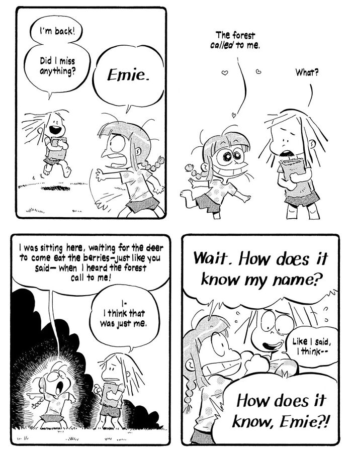 Two children in a whimsical forest setting, with one saying the forest called her name in a funny comic scene by Anthony Holden.