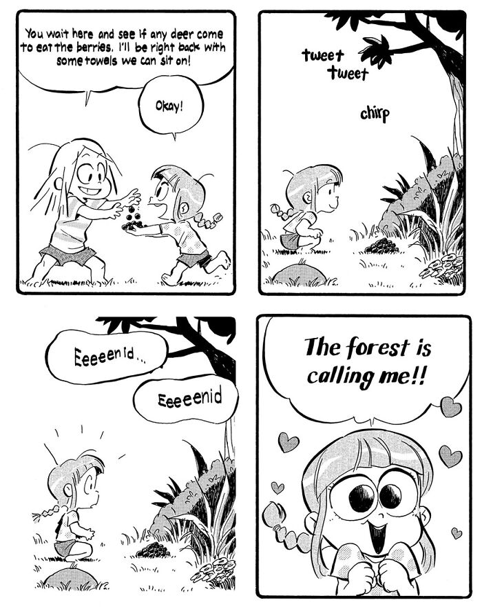 Comic by Anthony Holden showing kids in a forest, one exclaims joyfully, "The forest is calling me!!"