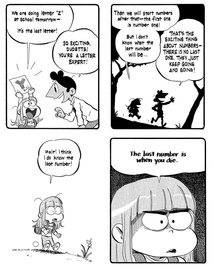 Comic by Anthony Holden showing kids discussing the alphabet and the concept of last numbers in a whimsical parenting moment.