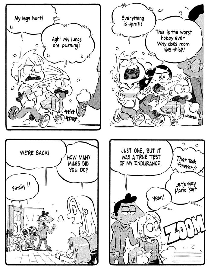 Funny parenting comic by Anthony Holden showing kids complaining about walking and then rushing to play Mario Kart.