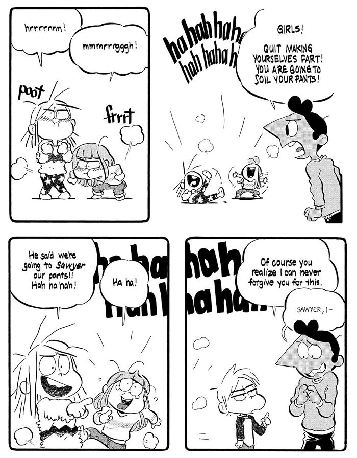 Funny parenting comic by Anthony Holden, featuring kids making fart jokes and a parent's reaction.