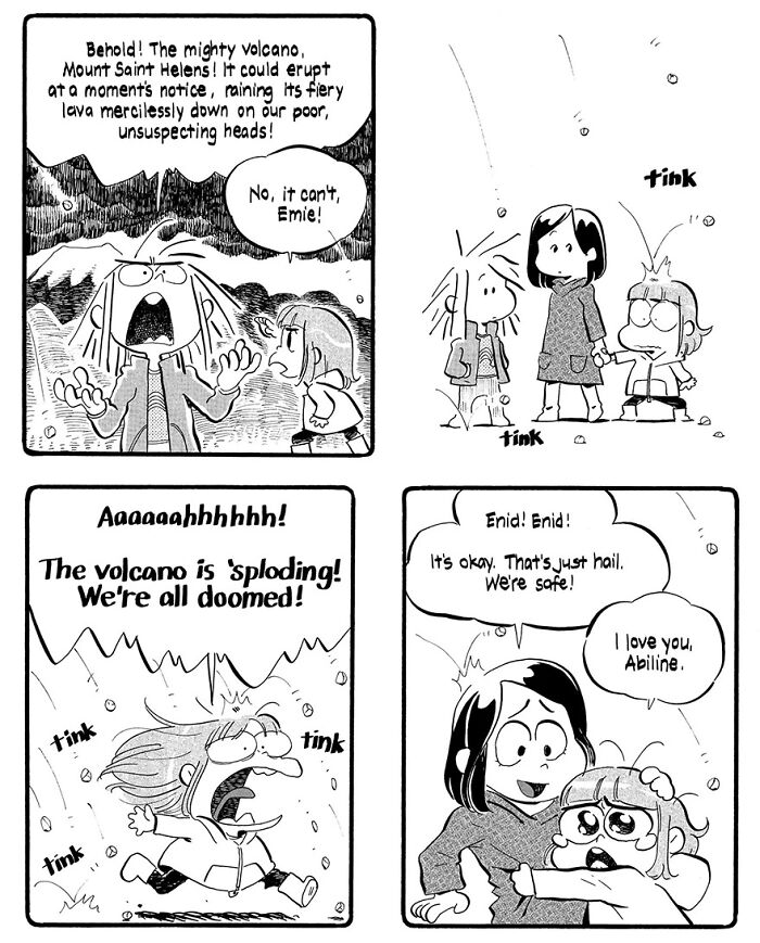 Kids reacting humorously to imaginary volcano eruption, showcasing whimsical parenting moments in a comic by Anthony Holden.