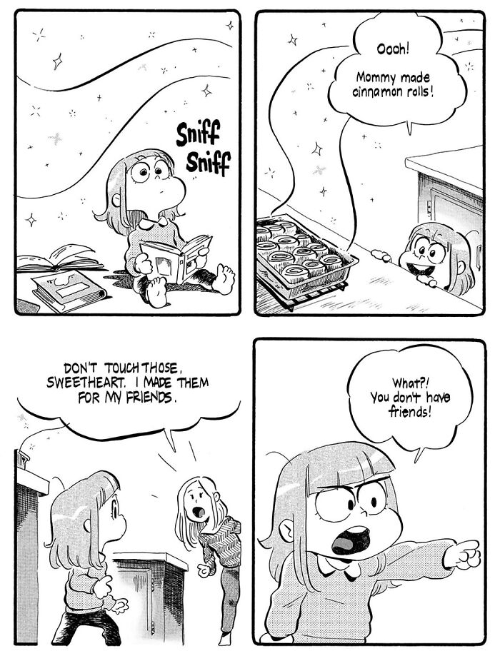 Child smelling cinnamon rolls, humorously confronting a parent about having friends, in a whimsical parenting comic.