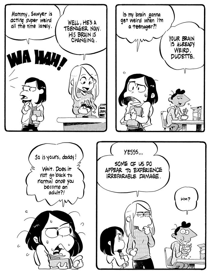 Humorous parenting comic by Anthony Holden, depicting kids discussing brain changes and adult behavior.