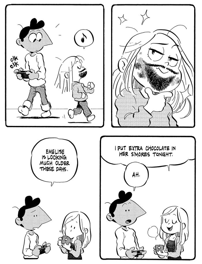Father and daughter walking, daughter humorously has a beard, a whimsical comic by Anthony Holden on parenting.