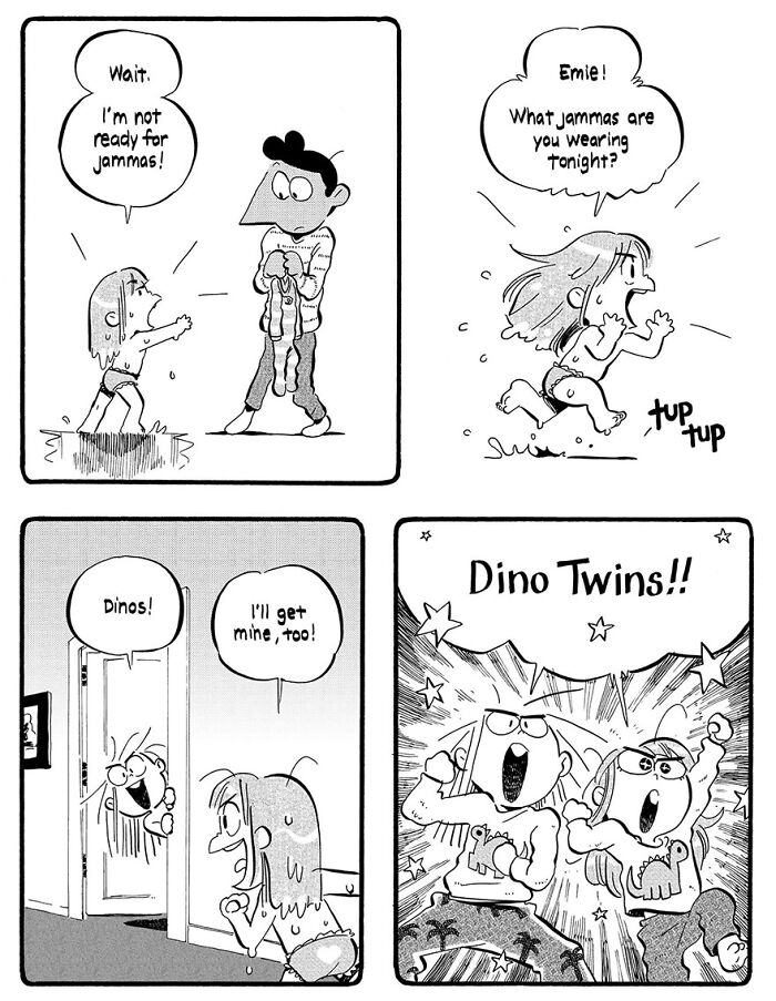 Kids in dinosaur pajamas excitedly calling themselves "Dino Twins" in a playful parenting comic by Anthony Holden.