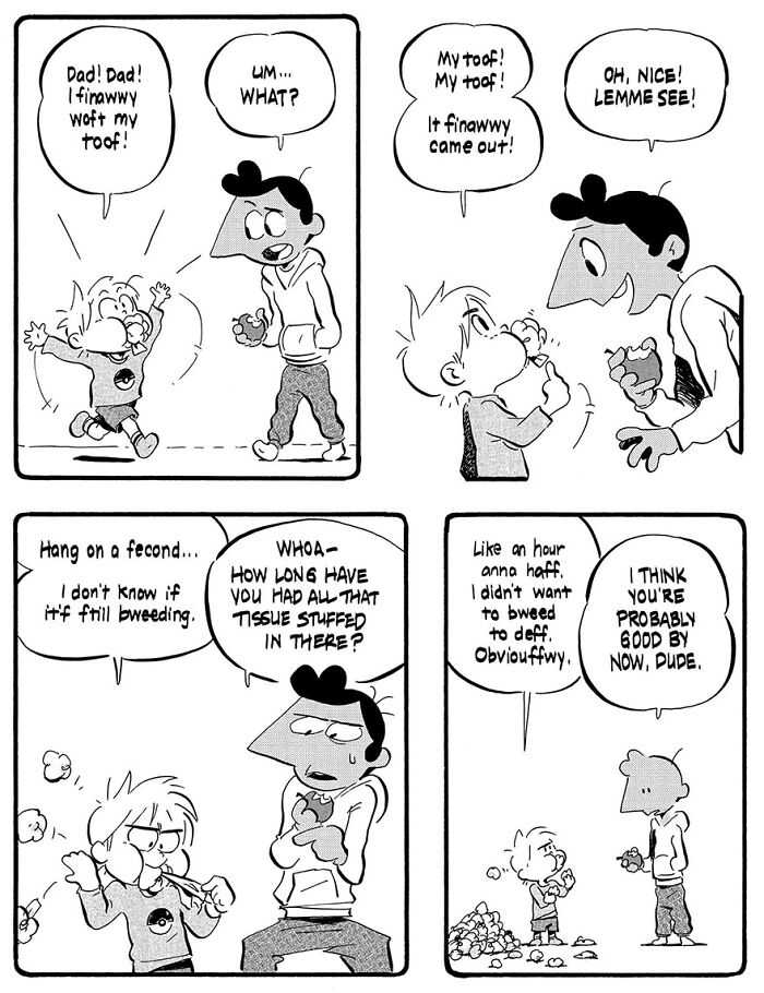 Funny parenting comic by Anthony Holden showing a kid losing a tooth and dad reacting humorously to stuffed tissue.