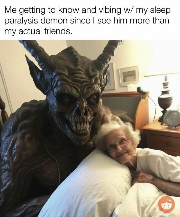 Elderly woman smiling beside a sleep paralysis demon, illustrating amusing introvert meme humor.