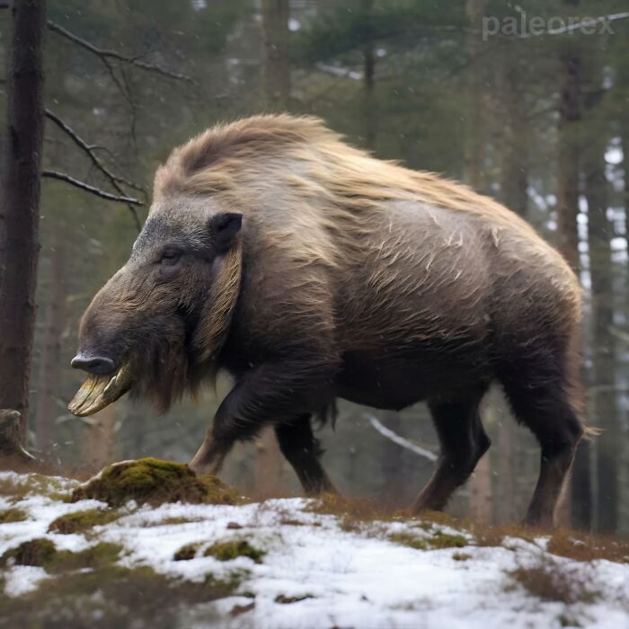 Speculative evolution: A large, tusked mammal roams a snowy forest, illustrating future animal adaptations.