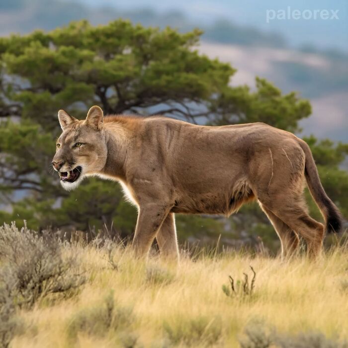 Speculative evolution depiction of a future animal by Paleorex, featuring a large lion-like creature in a grassy landscape.