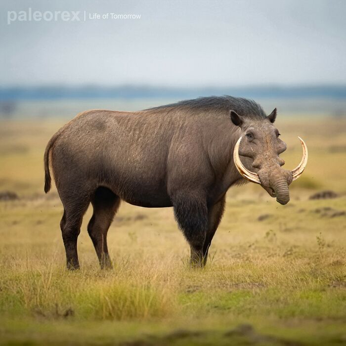Speculative evolution image depicting a large mammal with curved tusks in a grassy landscape.