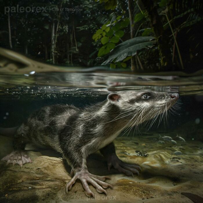 Speculative evolution animal, resembling an otter, partially submerged in water with a lush jungle background.