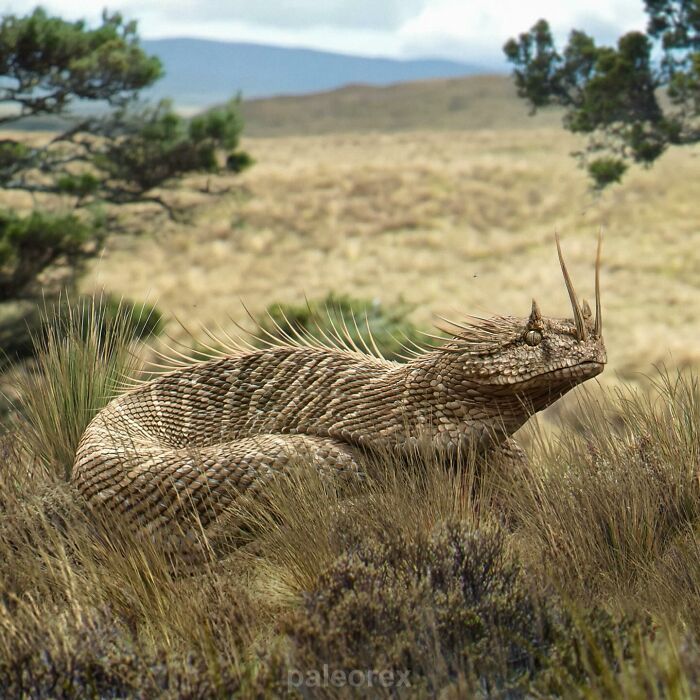 Futuristic scaly creature in a grassy landscape, showcasing speculative evolution by Paleorex.