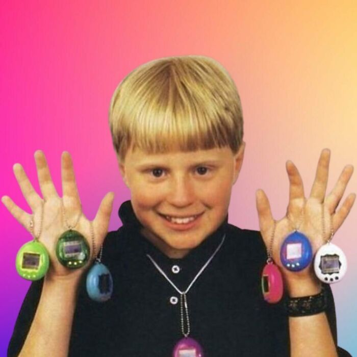 Child holding multiple colorful Tamagotchis, showcasing 90s nostalgia against a vibrant background.