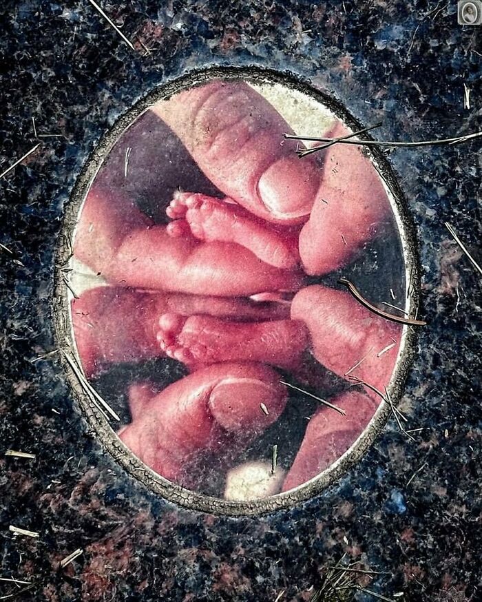 Close-up of a lovely headstone portrait showing a baby's feet cradled by adult hands.