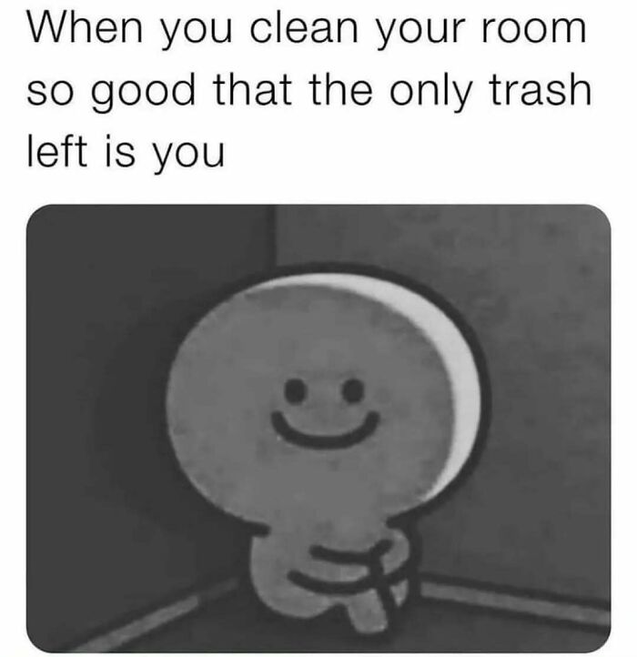 Introverts meme: Simplistic cartoon character sitting in a corner, captioned humor about cleaning a room too well.