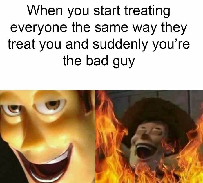 Introvert meme with side-by-side images of a character smiling and then laughing in flames, captioned about equal treatment.