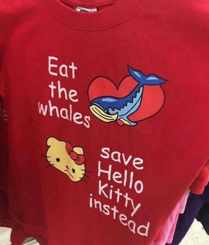 Red chaotic T-shirt with funny text "Eat the whales, save Hello Kitty" featuring a whale and Hello Kitty image.