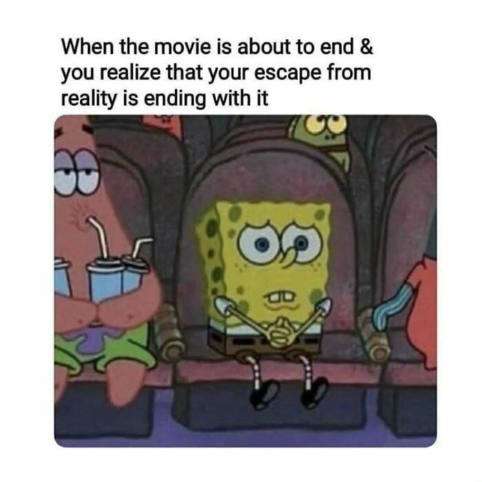 SpongeBob and Patrick looking anxious in a theater; meme reflects introvert humor.