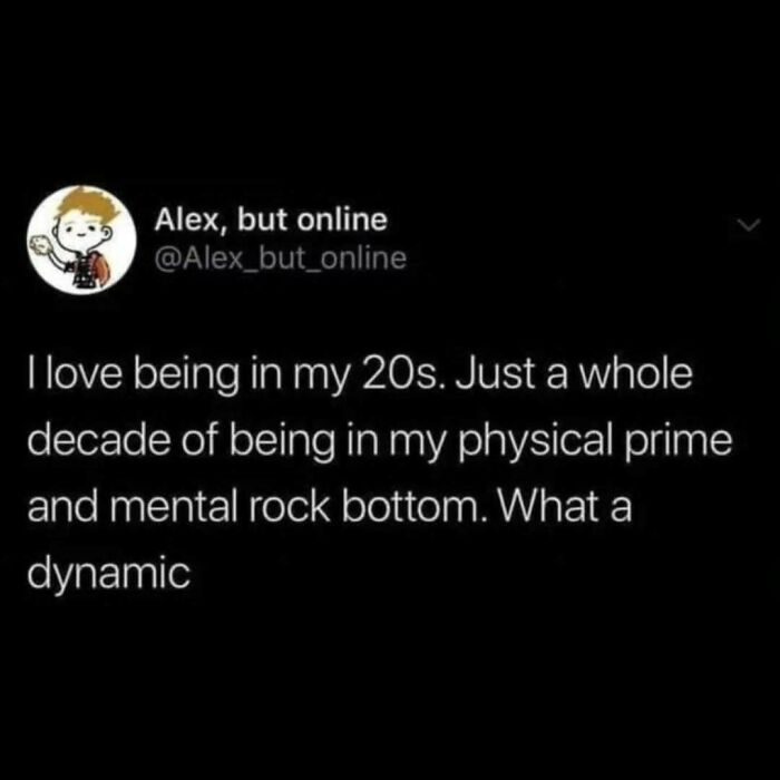 Meme from IG account "Diary Introverts" about the paradox of being in your 20s, combining physical prime and mental lows.