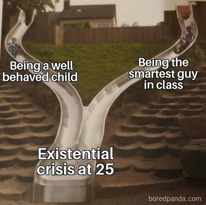 Amusing meme of a split slide labeled with "Existential crisis at 25," reflecting humor from Diary Introverts.