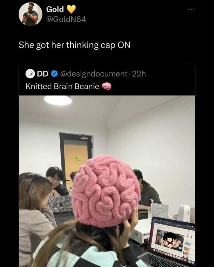 Person wearing a pink knitted brain cap at a table with laptop, shared by Conxfession IG page for funny tweets.
