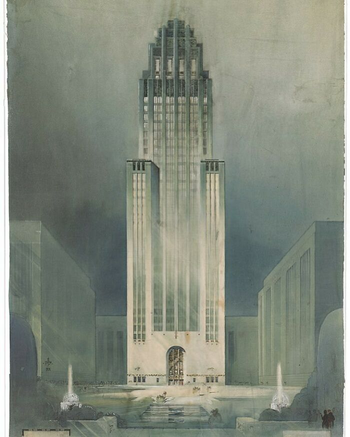 Art Deco skyscraper rendering with symmetrical design, highlighting Old American Architecture's grandeur and style.