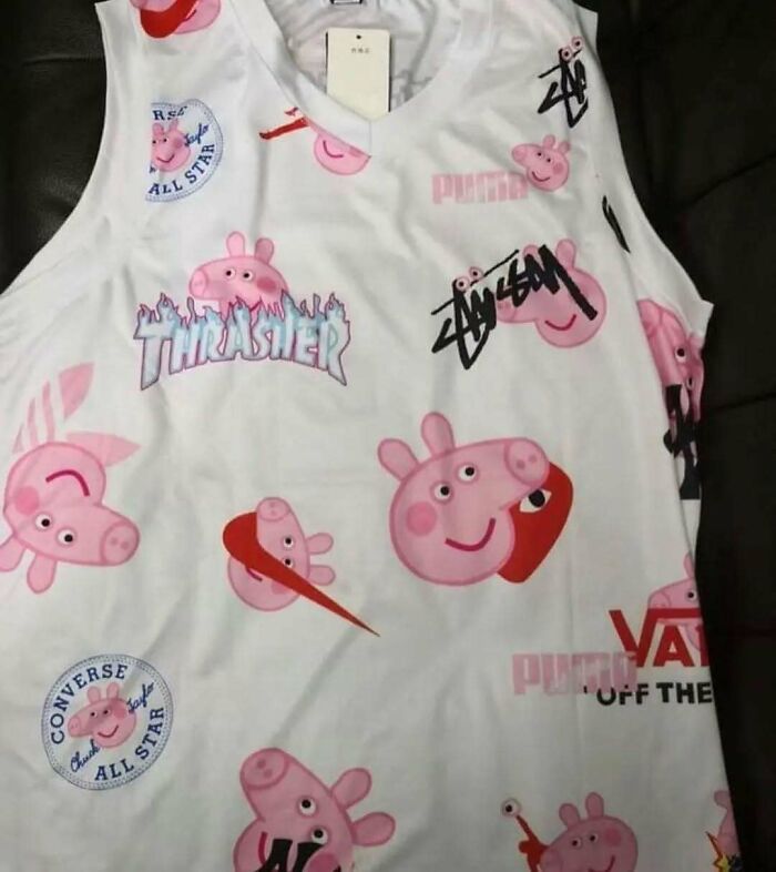 Chaotic T-shirt featuring Peppa Pig with various brand logos in a playful pattern.