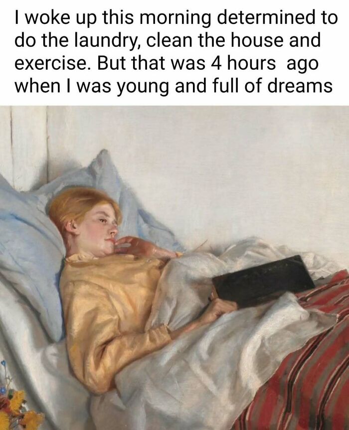 Introvert meme: A person lies in bed, holding a book, showcasing relatable humor about procrastination.