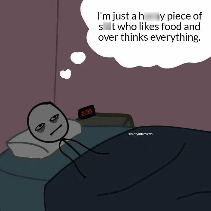 Cartoon character lying in bed at night, overthinking with a thought bubble, from Diary Introverts meme.