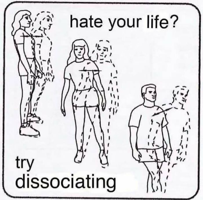 Illustration of people dissociating, humor from Diary Introverts meme.