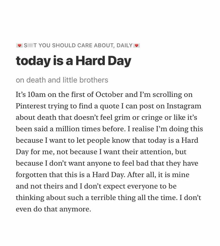 Text excerpt titled "today is a Hard Day" discussing personal reflections on grief and loss.