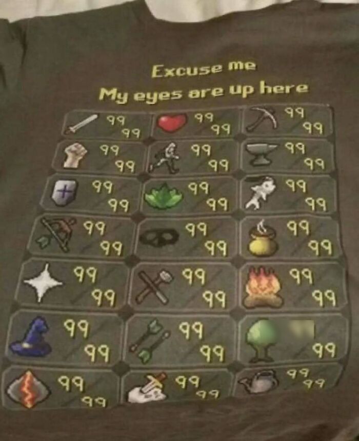 Chaotic t-shirt featuring a humorous video game skill level design and the phrase "Excuse me, my eyes are up here."