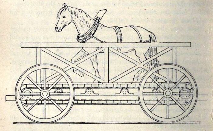 Illustration of a weird invention with a horse on a platform with wheels, highlighting past revolutionary ideas.