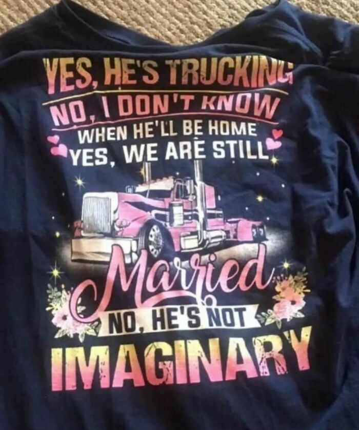 Chaos-inspired t-shirt with playful trucking and married text in vibrant pink and yellow graphic design.