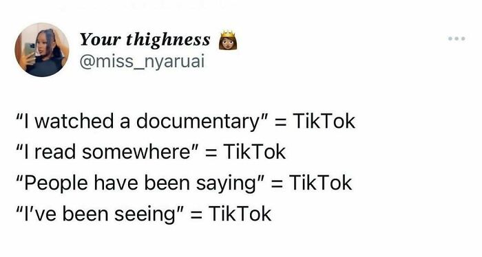 Tweet by user about common phrases being attributed to TikTok; humorous observation on modern media consumption.