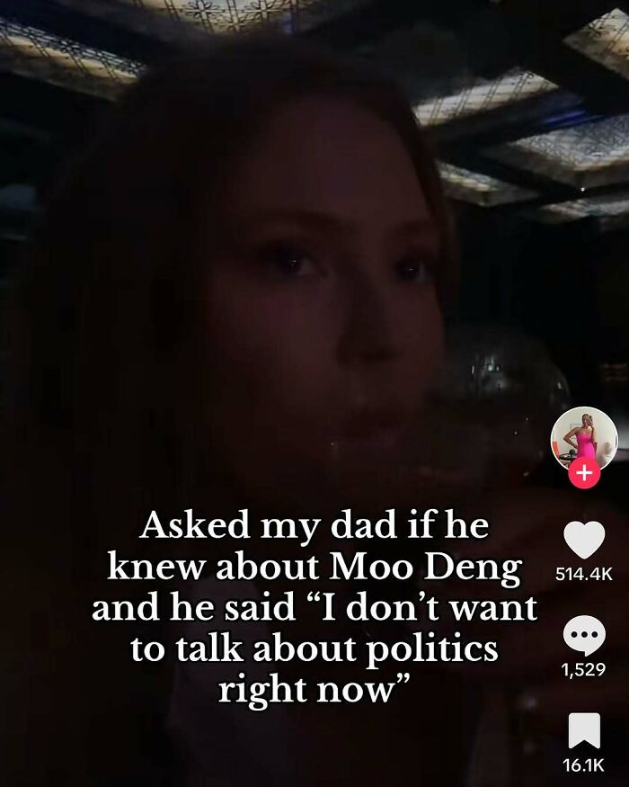 Person with a drink, humorous overlay text about Moo Deng and politics, reflecting on wholesome and important posts.