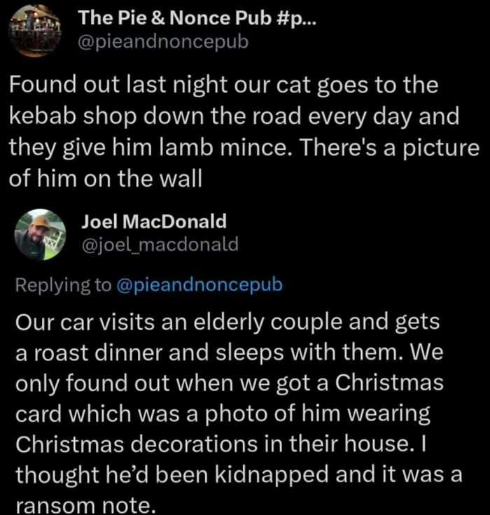 Two tweets about a cat in play mode, visiting a kebab shop and an elderly couple for treats.