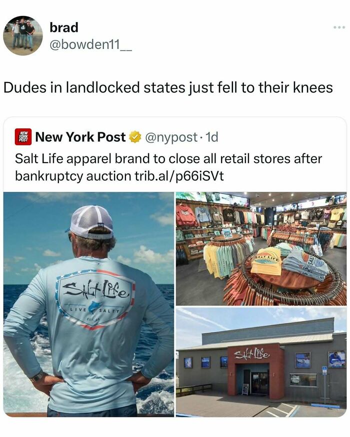 Relatable meme about Salt Life store closures causing reactions in landlocked states.