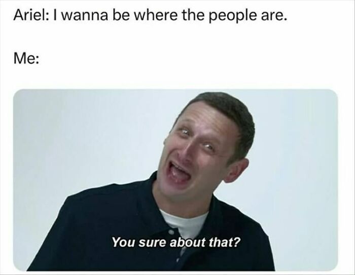 Man reacting humorously with text, "You sure about that?" referencing Ariel's desire to be where the people are.