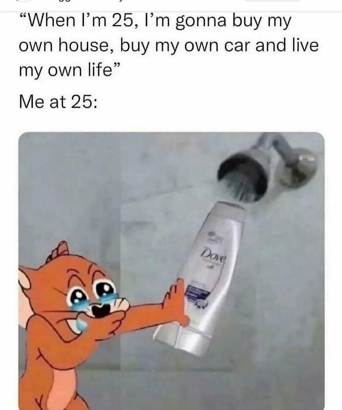 Cartoon character in a shower crying, holding shampoo, illustrates a humorous meme to make your day better.