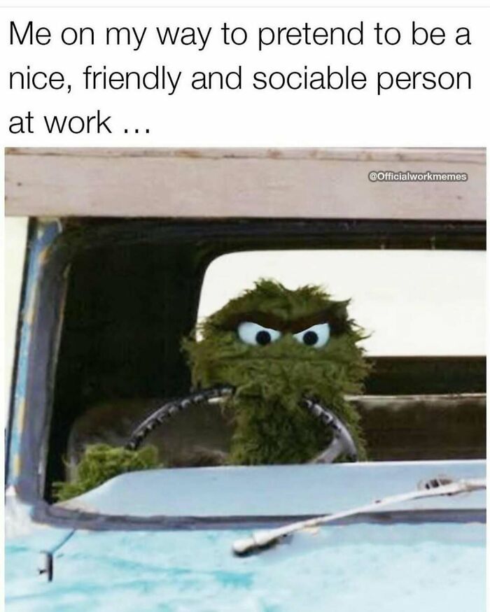 Grumpy green character driving, humorously captioned to lighten the day.