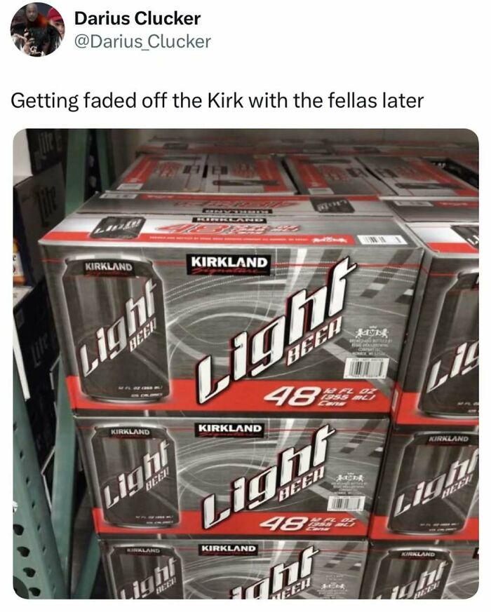 Kirkland Light Beer meme about getting together with friends, displaying stacks of beer cases.